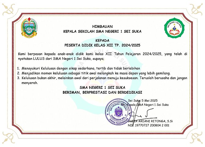 HIMBAUAN KEPALA SEKOLAH  SMA NEGERI 1 SEI SUKA ATAS KELULUSAN PESERTA DIDIK TP. 2024/2025 Poster